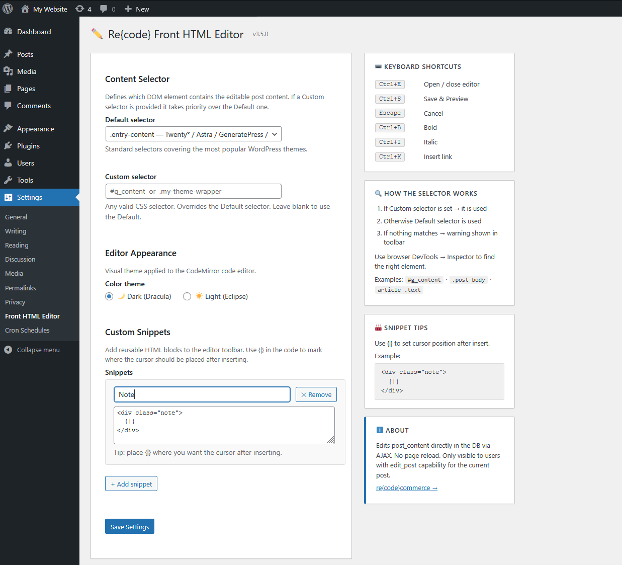 Custom Snippets settings