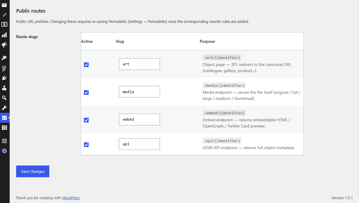 Public routes settings