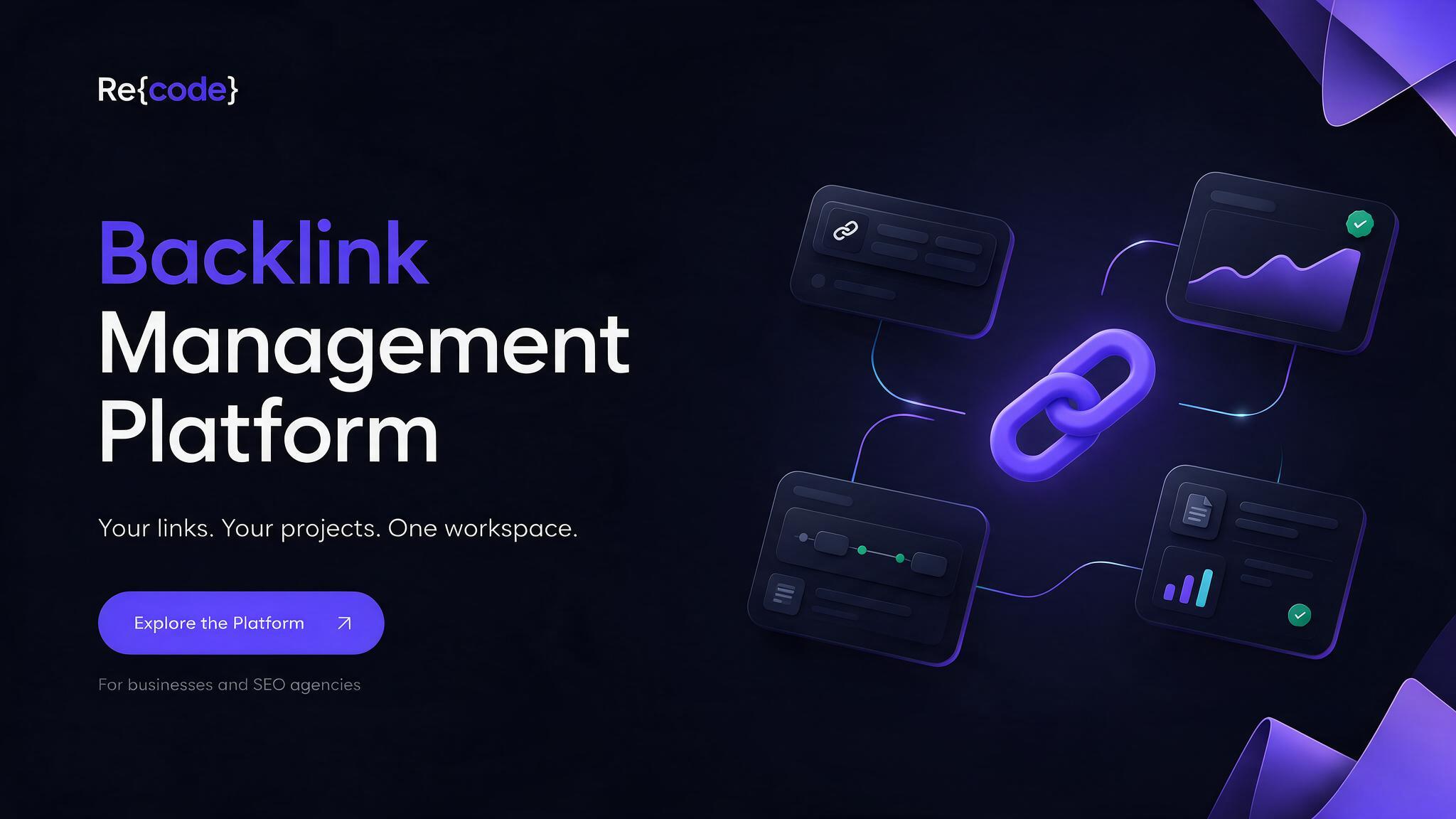 Re{code} Backlink Management Platform illustration showing connected backlink, workflow and reporting panels