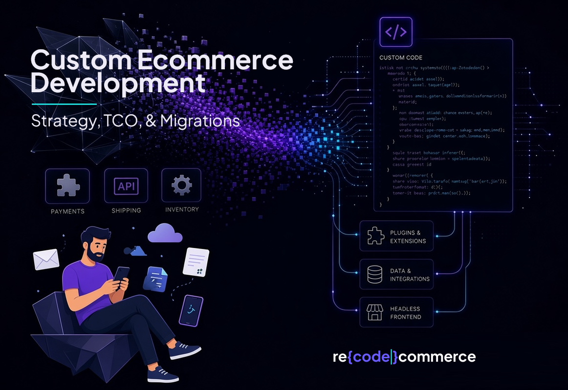 Custom e-commerce development infographic showing code panels, API integrations, and headless architecture by re{code} commerce.