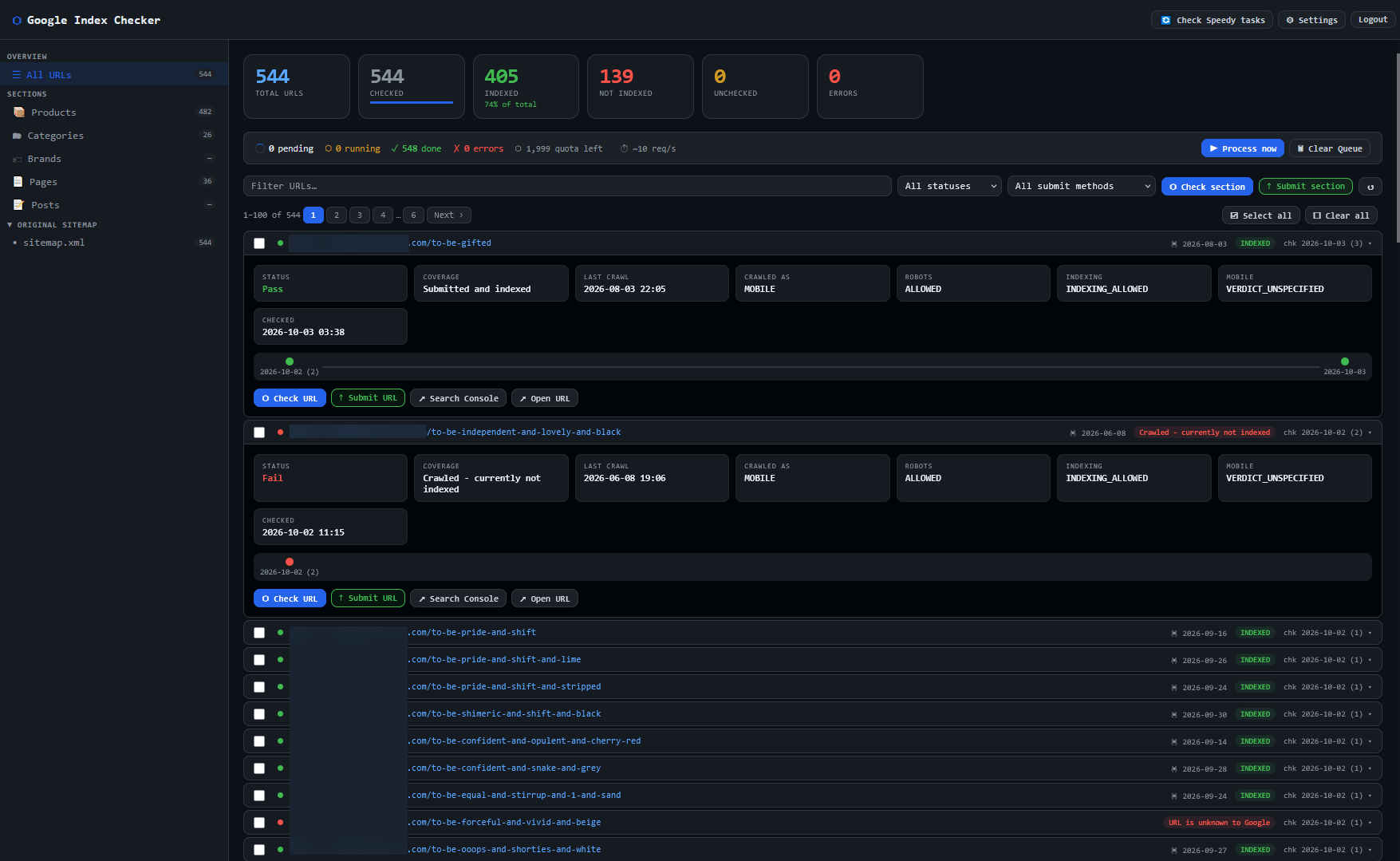 Google Index Checker dashboard showing indexed and non-indexed ecommerce pages