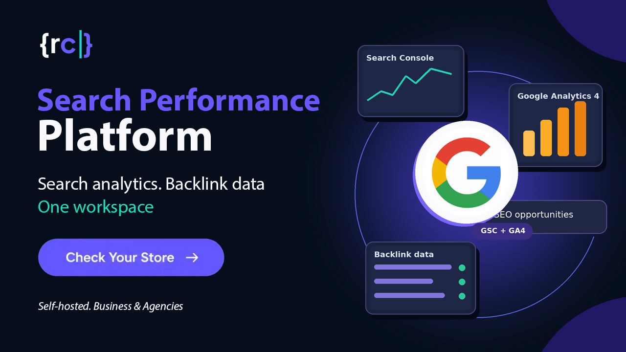 Search Performance Platform banner with the Re{code} icon and cards for Search Console, Google Analytics 4 and backlink data
